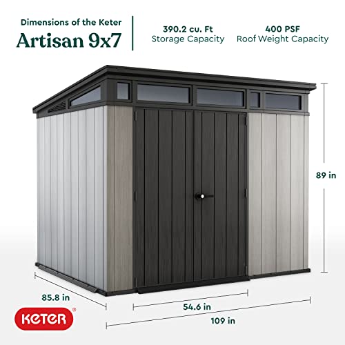 Keter Artisan 9 x 7 Foot Large Modern Design Outdoor Shed with Floor for Outdoor Furniture, Lawn Equipment, Bikes, and Gardening Tools, Gray/Black