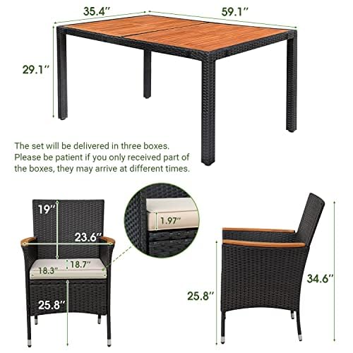 Devoko Dining Muebles de 7 piezas, juego de conversación para patio con mesa de madera de acacia, ratán para exteriores, negro