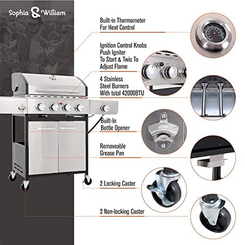 Sophia & William 4-Burner Gas BBQ Grill with Side Burner and Porcelain-Enameled Cast Iron Grates 42,000BTU Outdoor Cooking Stainless Steel Propane Grills Cabinet Style Garden Barbecue Grill, Silver