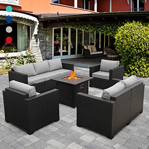 Patio Furniture Sectional Sofa 5-Piece 50000 BTU Propane Gas Fire Pit Outdoor Wicker Furniture Set Square Steel Pit Table with No-Slip Cushions Furniture Covers Lava Rock Anti-Splash Mesh, Grey