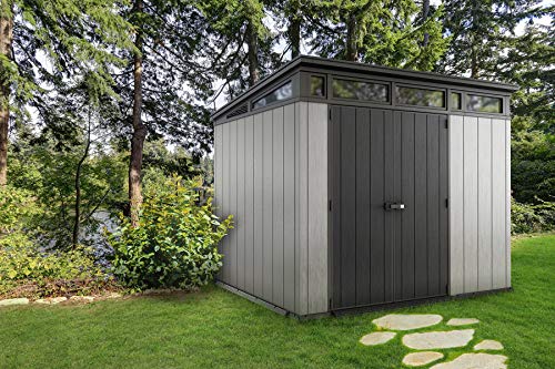 Keter Artisan 9 x 7 Foot Large Modern Design Outdoor Shed with Floor for Outdoor Furniture, Lawn Equipment, Bikes, and Gardening Tools, Gray/Black