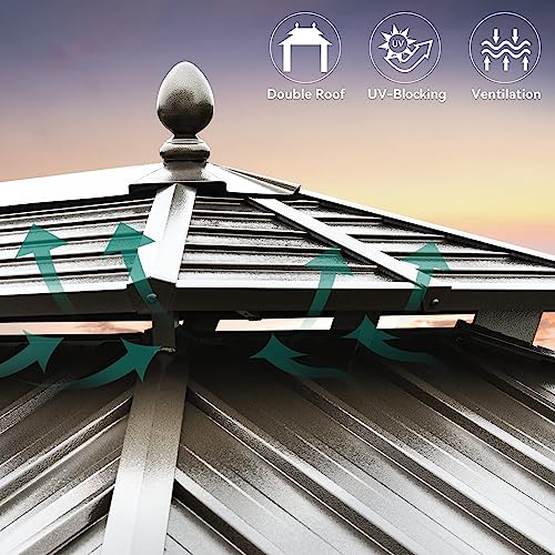 YITAHOME Cenador de techo rígido de 12 x 20 pies con redes y cortinas, cenador de aluminio resistente para exteriores combinado de techo de rayas horizontales y verticales para patio, patio trasero, terraza, césped y balcón (bronce)