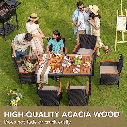 Devoko Dining 7 PCS Furniture, Patio Conversation Set with Acacia Wood Table Top, Rattan Outdoor, Black