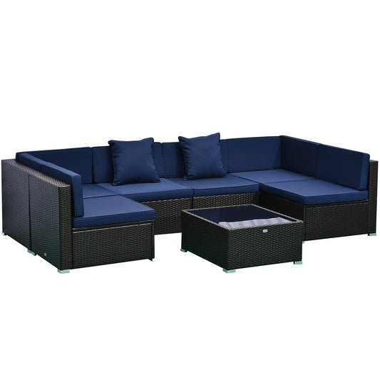 Outsunny 7-Piece Patio Furniture Sets Outdoor Wicker Conversation Sets All Weather PE Rattan Sectional Sofa Set with Cushions & Tempered Glass Desktop, Dark Blue