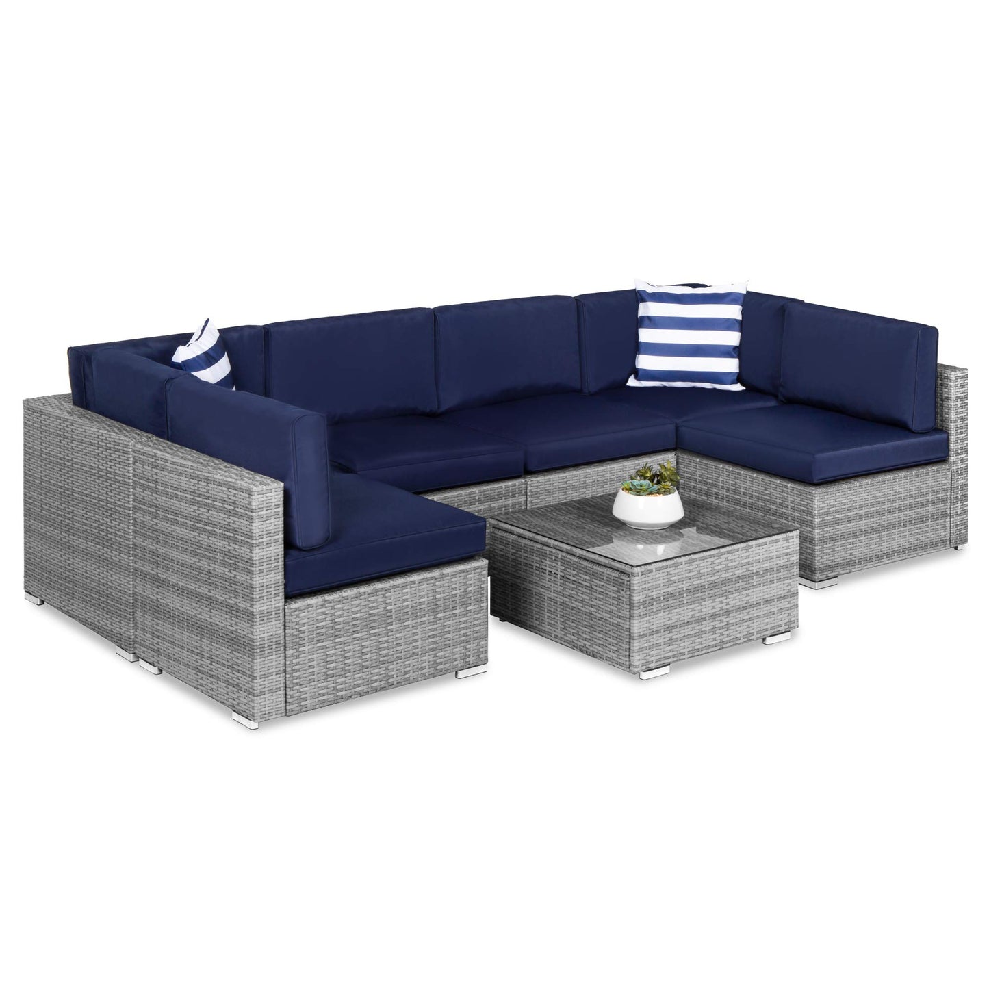 Best Choice Products Juego de sofás de conversación modulares de mimbre seccionales para exteriores de 7 piezas con 6 sillas, 2 almohadas, clips para asiento, mesa de centro, funda incluida - gris/azul marino