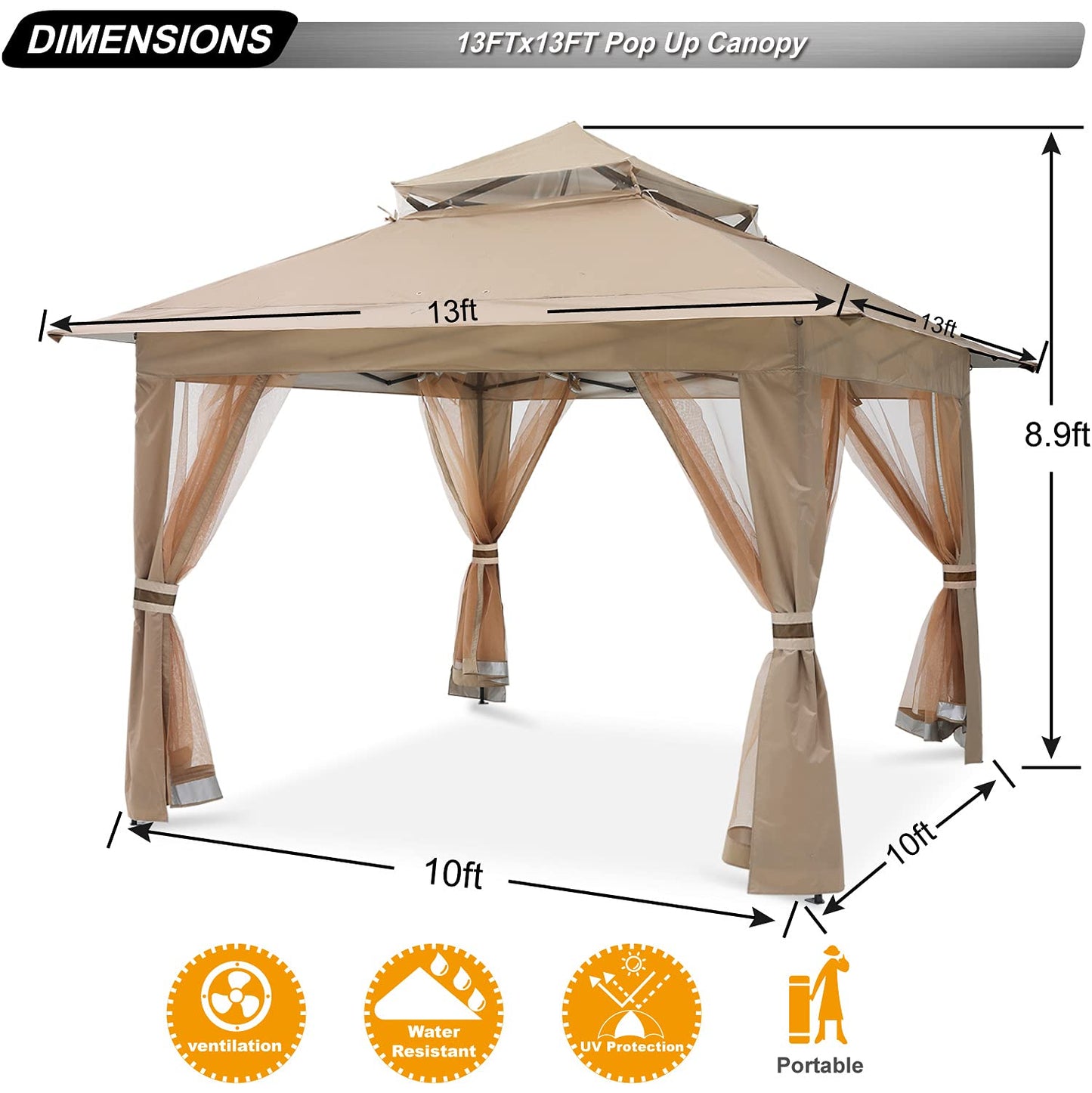 ABCCANOPY Pop Up Gazebo 13x13 - Outdoor Canopy Tent with Mosquito Netting for Patio Garden Backyard (Khaki)