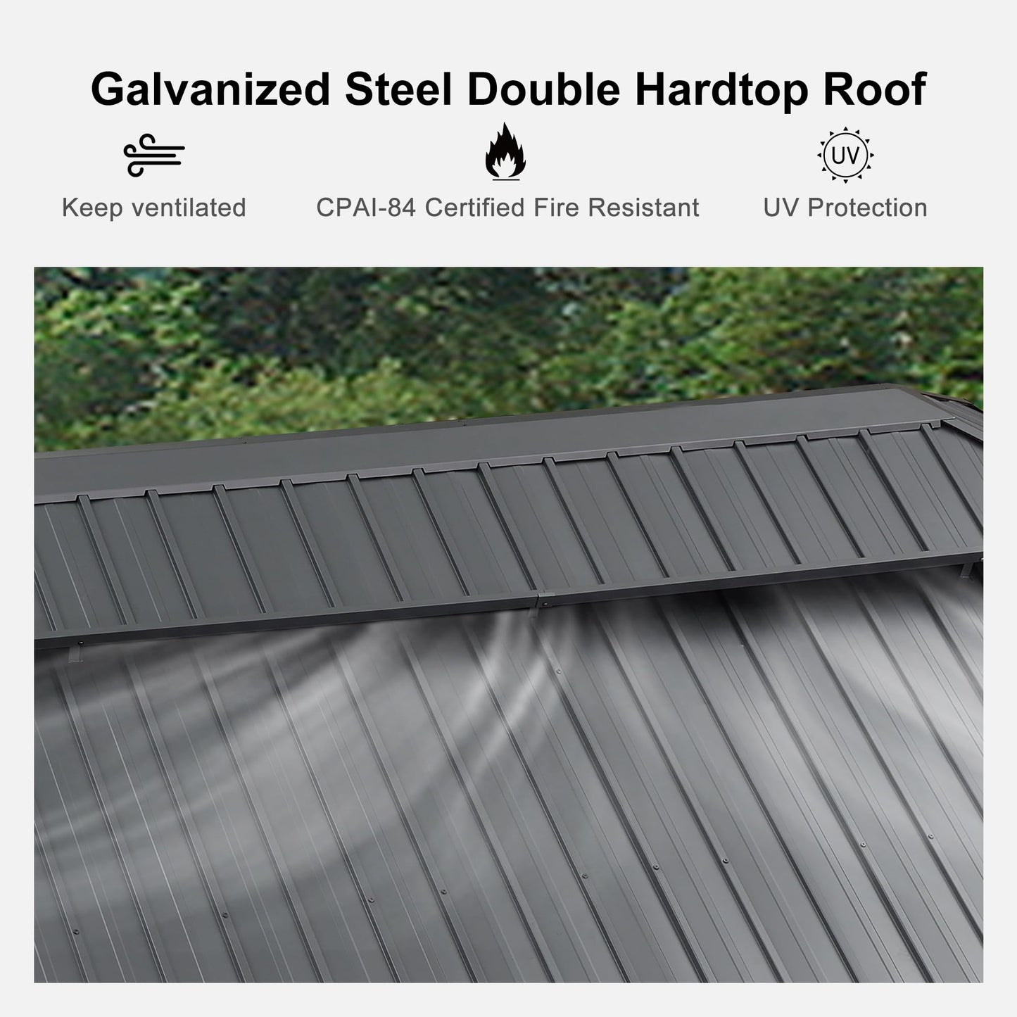 PURPLE LEAF Cenador permanente de aluminio con techo rígido de 12' x 18' con techo doble de acero galvanizado para patio, césped y jardín, cortinas y red incluidas, gris