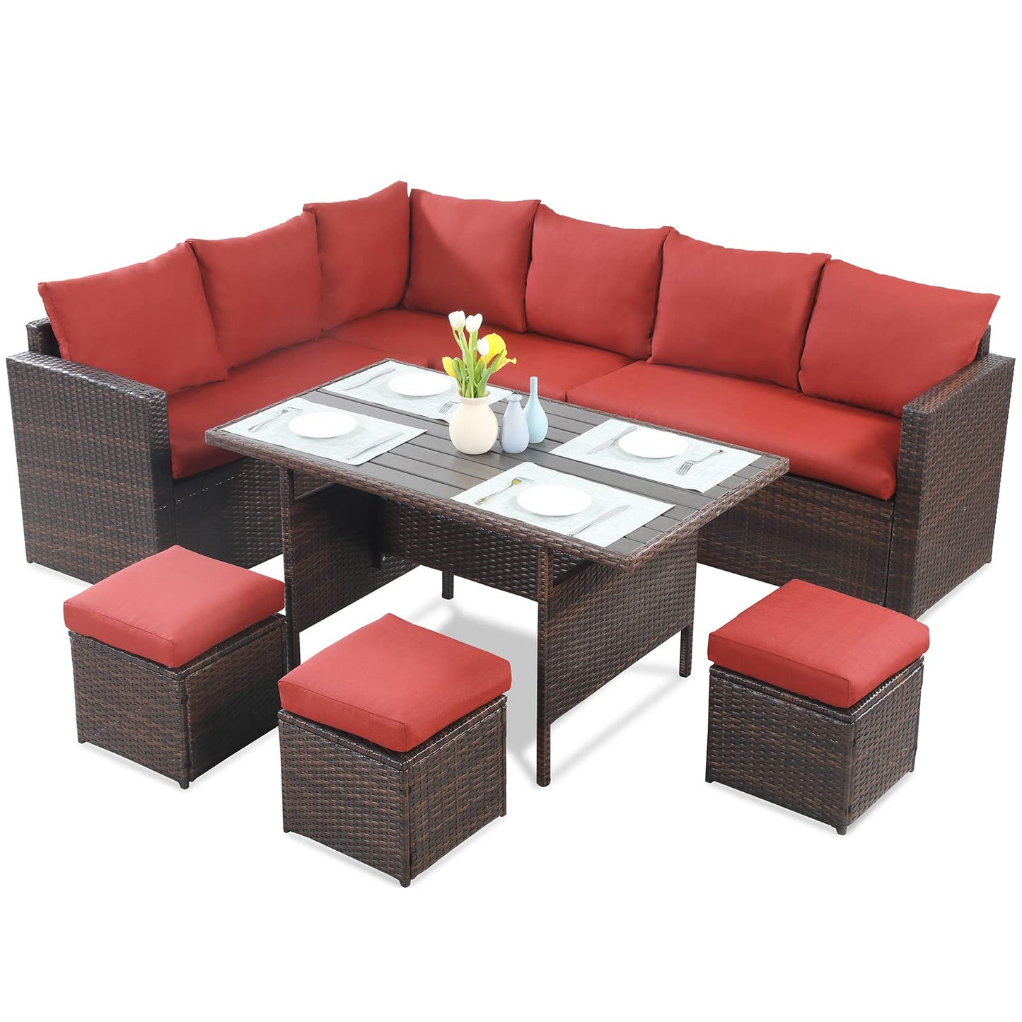 Wisteria Lane Patio Furniture Set, 7 Piece Outdoor Dining Sectional Sofa with Dining Table and Chair, All Weather Wicker Conversation Set with Ottoman, Red