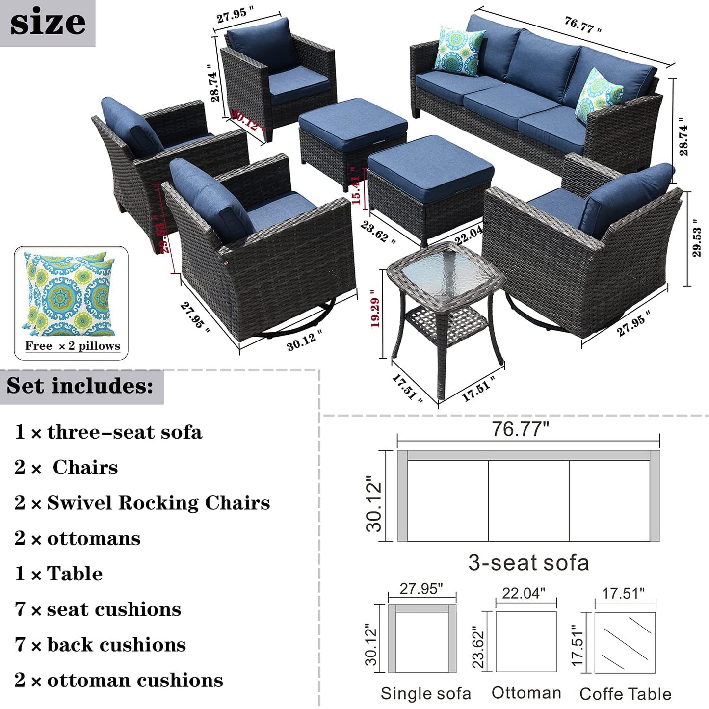 ovios Patio Furniture Set 8 Pieces Outdoor Wicker Rocking Swivel Chairs Sectional Sofa Set with Single Chairs High Back Rattan Sofa for Yard Garden Porch, Denim Blue