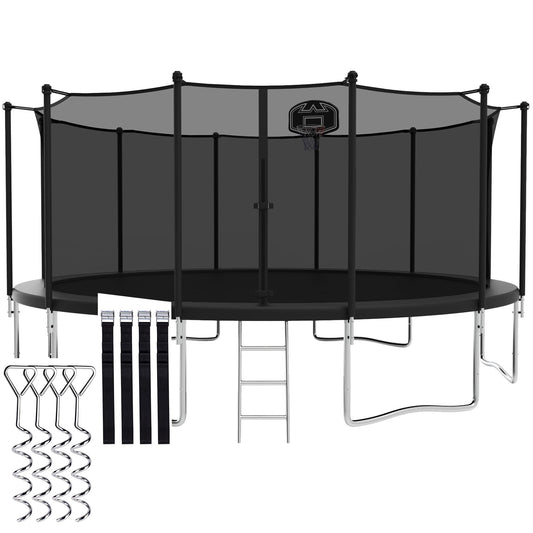 CITYLE 1500LBS 16FT Tranpoline for Kids and Adults Tranpoline with 6 Wind Stakes, Safety Enclosure Net, Basketball Hoop, Ball and Ladder, Heavy Duty Outdoor Recreational Tranpolines, Black