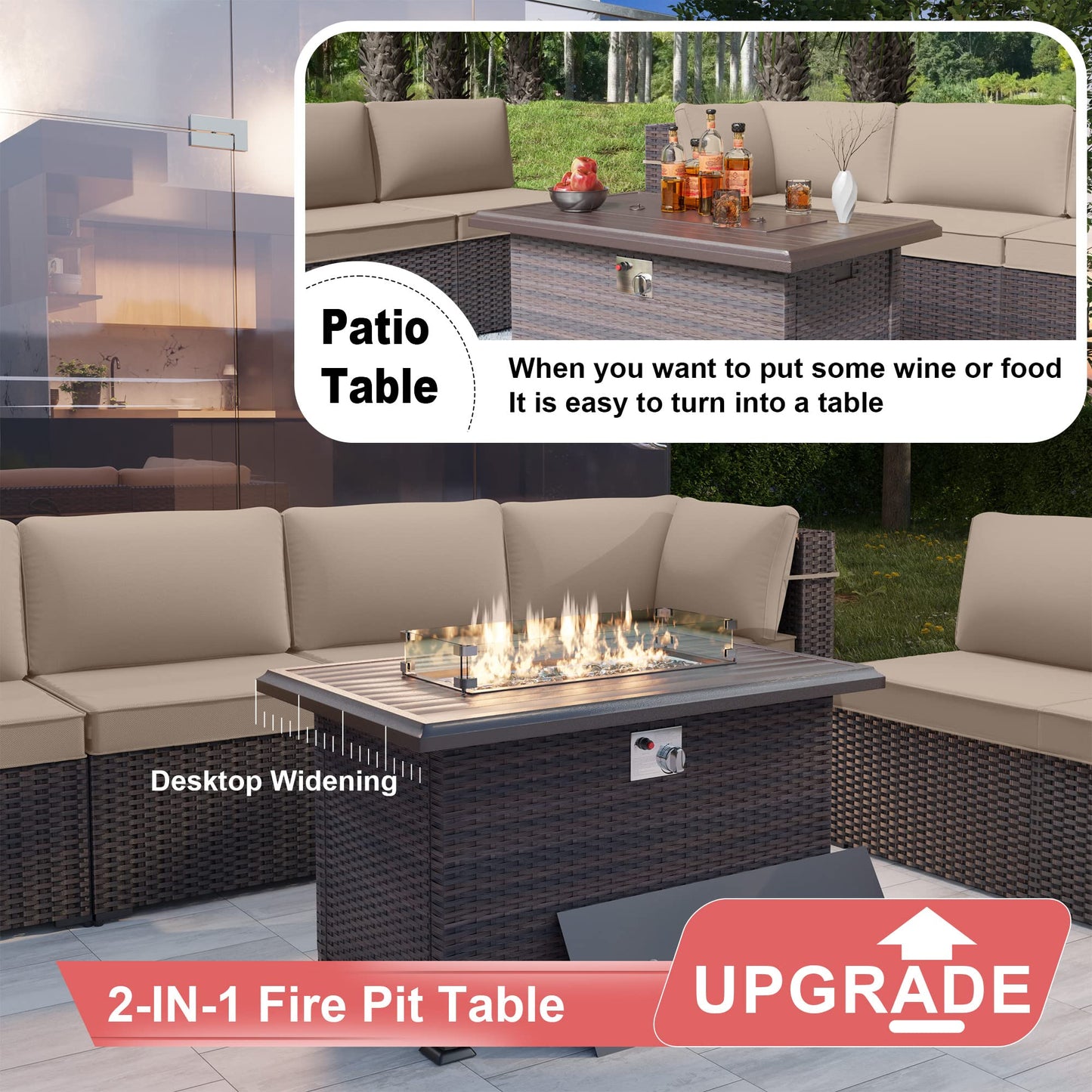 Delnavik Patio Furniture Sectional Sofa 10-Pieces PE Rattan Patio Conversation Set w/43in Gas Fire Pit Table, Outdoor Furniture with 55000 BTU Propane Fire Pit, Sand