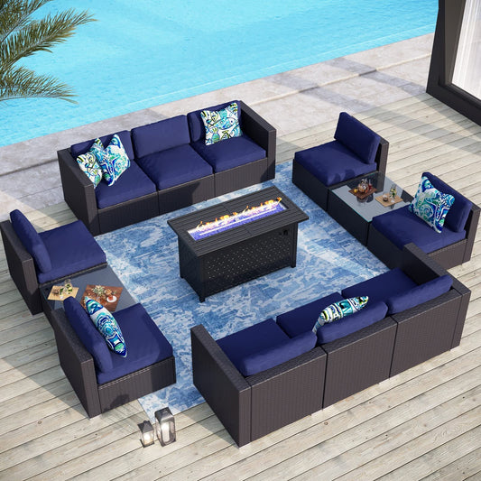 Sophia & William 13 PCS Patio Outdoor Furniture Set with 45-Inch Fire Pit Table All-Weather Rattan Patio Conversation Set Sectional Sofa w/Coffee Table & 50,000BTU Gas Fire Pit(Navy Blue)