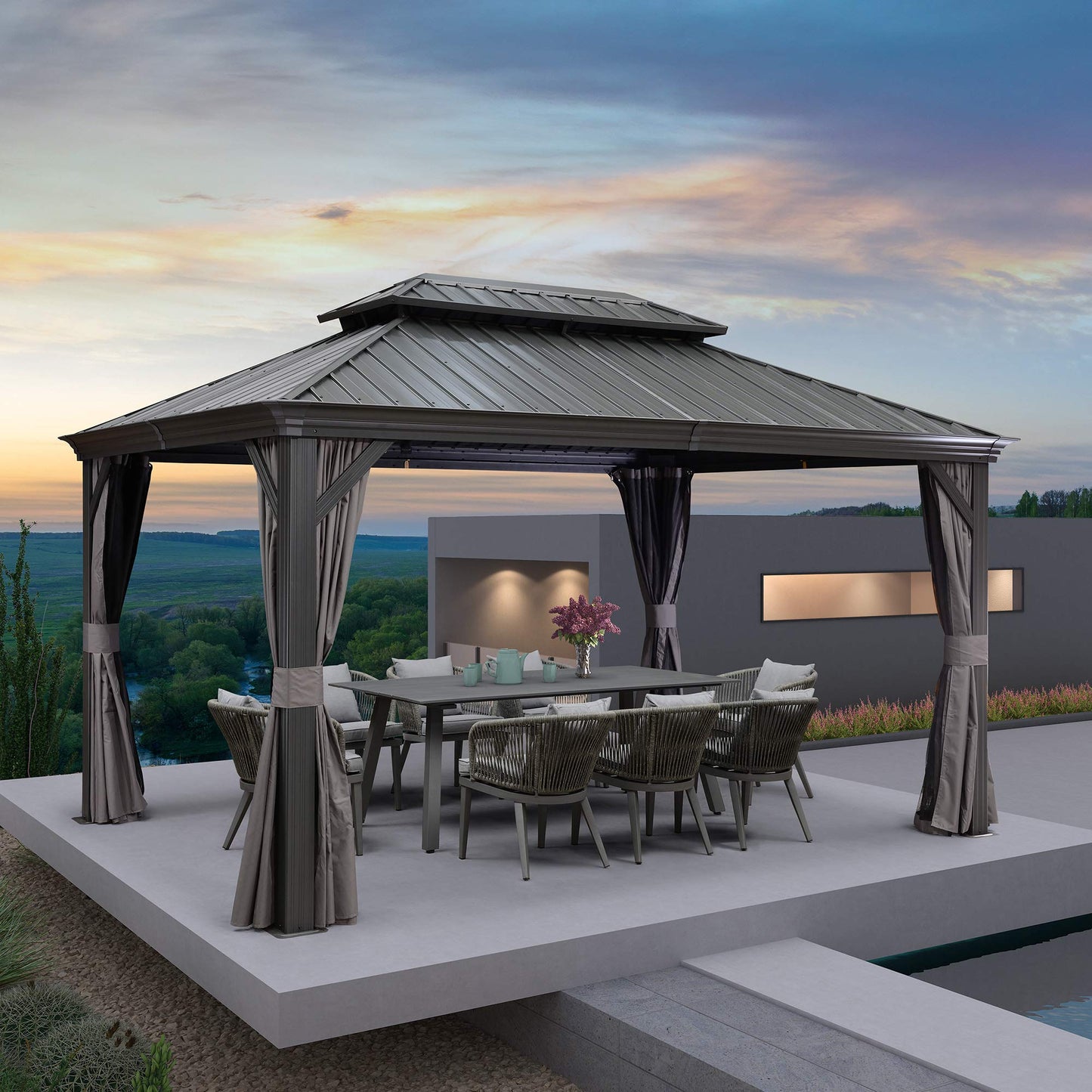 PURPLE LEAF Cenador permanente de aluminio con techo rígido de 10' X 14' con techo doble de acero galvanizado para patio, césped y jardín, cortinas y red incluidas, gris