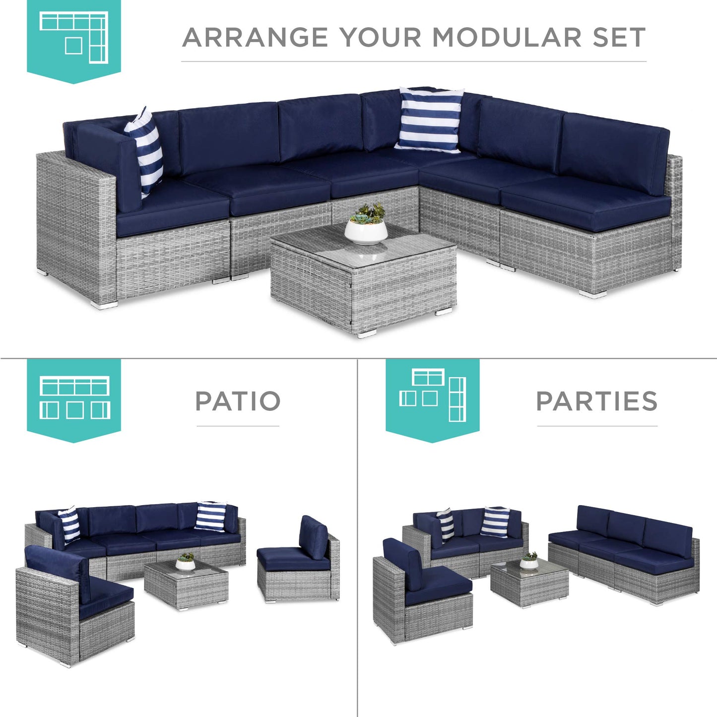Best Choice Products Juego de sofás de conversación modulares de mimbre seccionales para exteriores de 7 piezas con 6 sillas, 2 almohadas, clips para asiento, mesa de centro, funda incluida - gris/azul marino