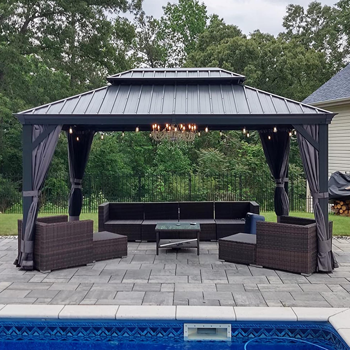 PURPLE LEAF 10' X 14' Permanent Hardtop Gazebo Aluminum Gazebo with Galvanized Steel Double Roof for Patio Lawn and Garden, Curtains and Netting Included, Grey