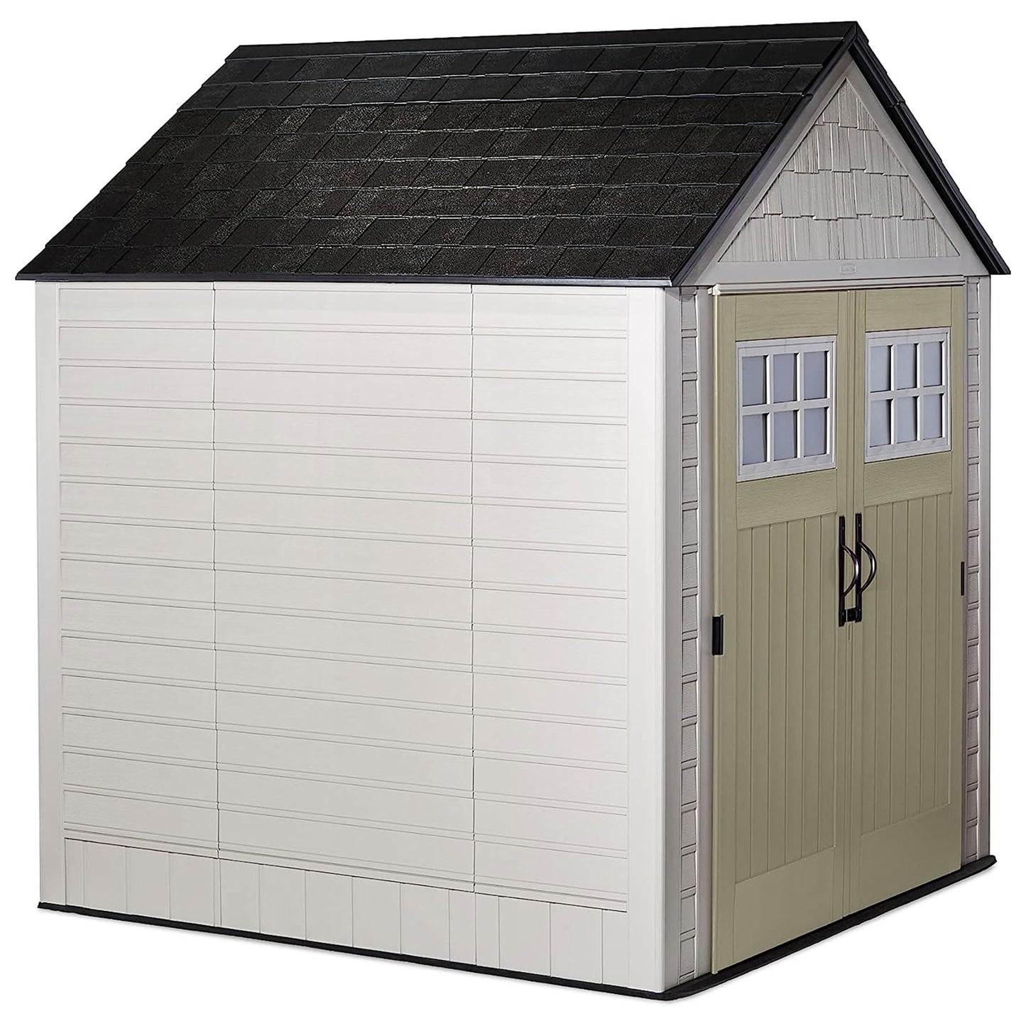 Rubbermaid 7 x 7 Foot Durable Weatherproof Resin Outdoor Storage Shed for Garden Tool and Lawn Machinery Organization, Sandstone