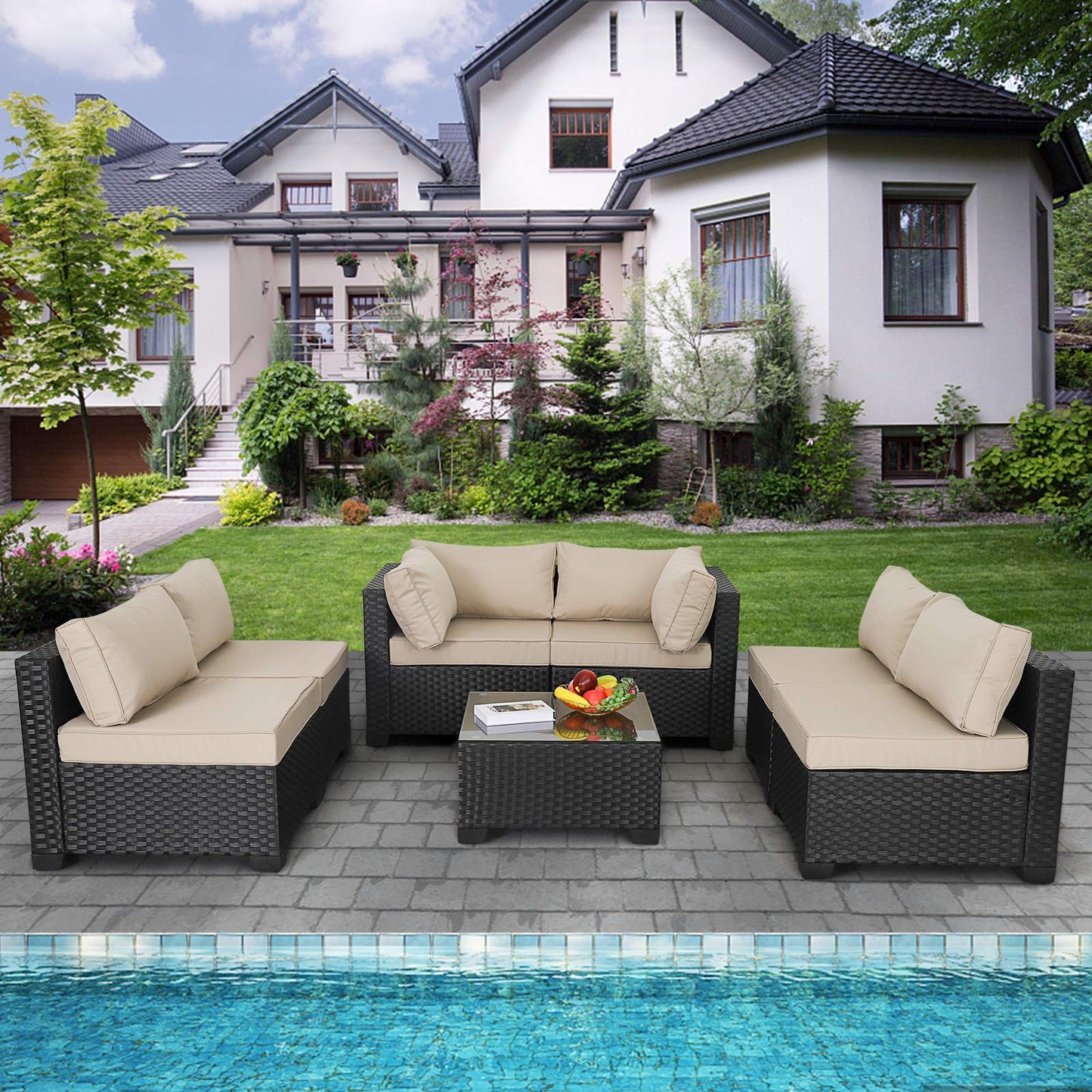 Valita 7 Piece Outdoor PE Wicker Furniture Set, Patio Black Rattan Sectional Sofa Couch with Washable Khaki Cushions…