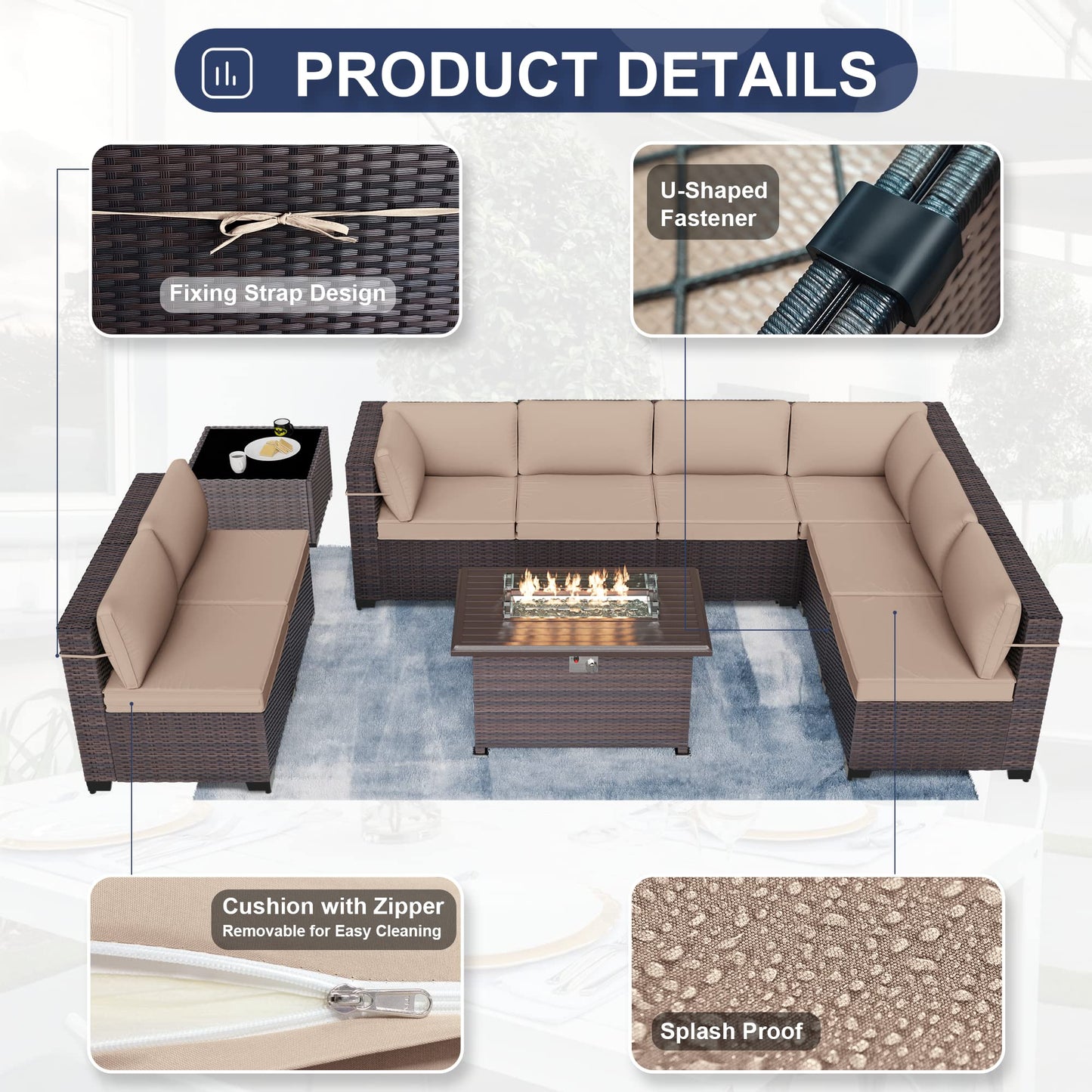Delnavik Patio Furniture Sectional Sofa 10-Pieces PE Rattan Patio Conversation Set w/43in Gas Fire Pit Table, Outdoor Furniture with 55000 BTU Propane Fire Pit, Sand