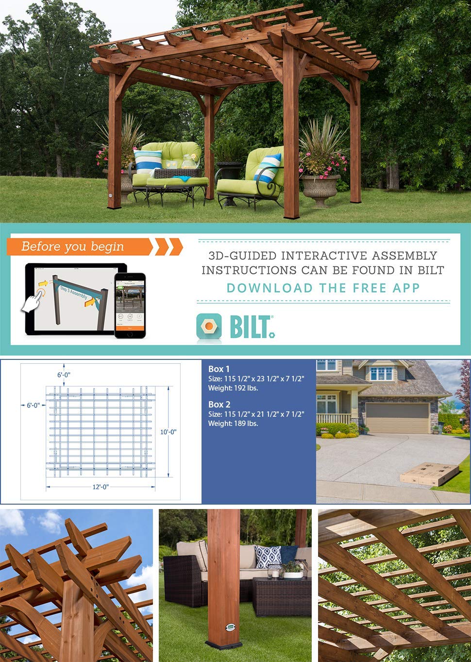 Backyard Discovery Pérgola de madera de cedro de 12' por 10', segura contra el viento, fuerte, de calidad, resistente a la putrefacción, anclajes de concreto, espaciosa para patio al aire libre, terraza