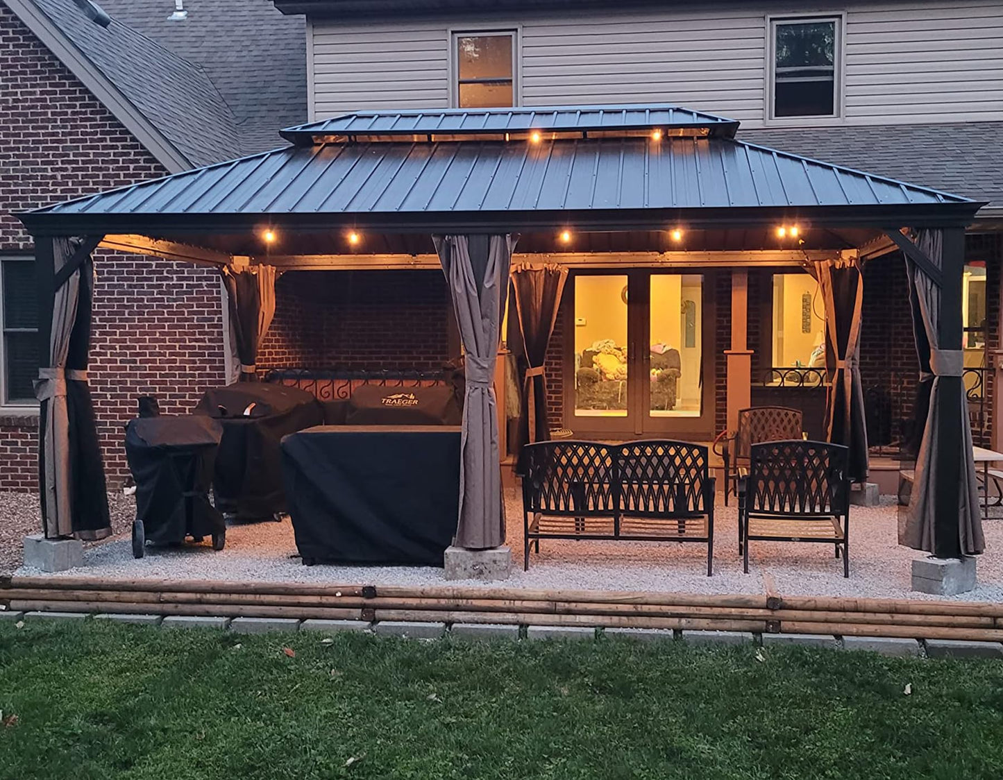 Domi Outdoor Living Cenador de techo rígido de 14 x 20 pies, cenador de metal permanente con doble techo de acero galvanizado y marco de aluminio, cortina y red, cenador grande para patio, terraza, jardín