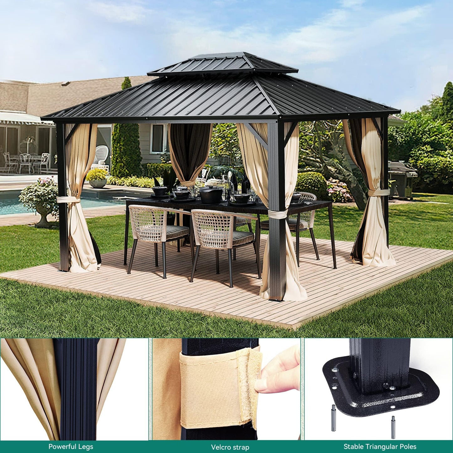 YITAHOME 10x12ft Gazebo Double Roof Canopy with Netting and Curtains, Outdoor Gazebo 2-Tier Hardtop Galvanized Iron Aluminum Frame Garden Tent for Patio, Backyard, Deck and Lawns