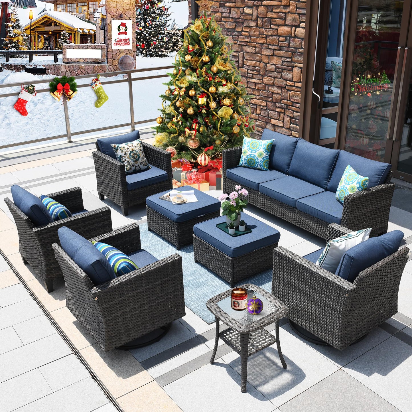 ovios Patio Furniture Set 8 Pieces Outdoor Wicker Rocking Swivel Chairs Sectional Sofa Set with Single Chairs High Back Rattan Sofa for Yard Garden Porch, Denim Blue