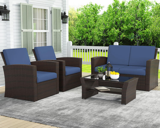 LayinSun 4 Piece Outdoor Patio Furniture Sets, Wicker Conversation Sets, Rattan Sofa Chair with Cushion for Backyard Lawn Garden