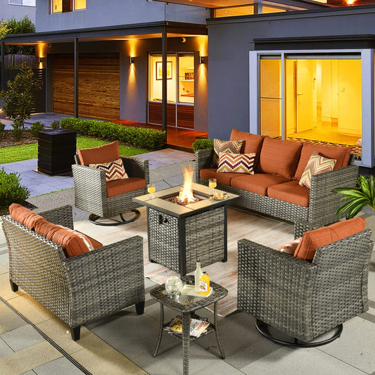 ovios Patio Furniture Set 6 Piece Outdoor Sectional Sofa Set with Rocking Swivel Chairs Square Fire Pit Table Loveseat All Weather Wicker Rattan Conversation Sets for Yard Porch (Orange Red)