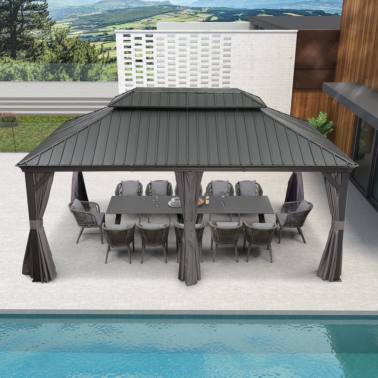 PURPLE LEAF Cenador permanente de aluminio con techo rígido de 12' x 18' con techo doble de acero galvanizado para patio, césped y jardín, cortinas y red incluidas, gris